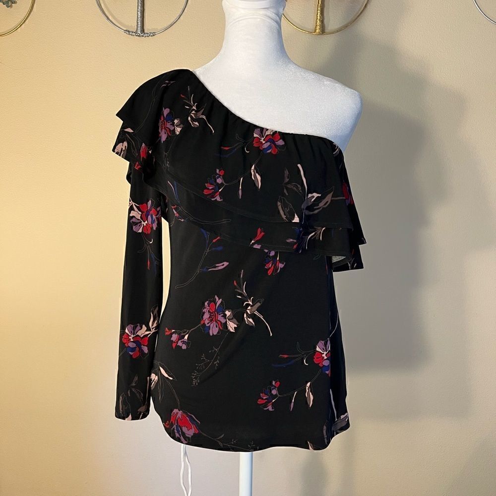 Veronica M Black Red Purple Floral Ruffle Asymmetrical One Long Sleeve Top XS